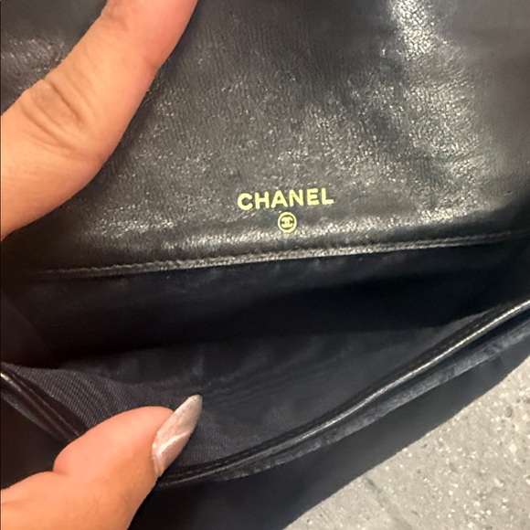Authentic CHANEL Black Satin Quilted Clutch with Gold Logo - Picture 5 of 10
